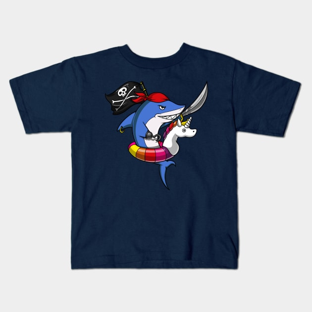 Shark Pirate Riding Unicorn Float Pool Party Kids T-Shirt by underheaven